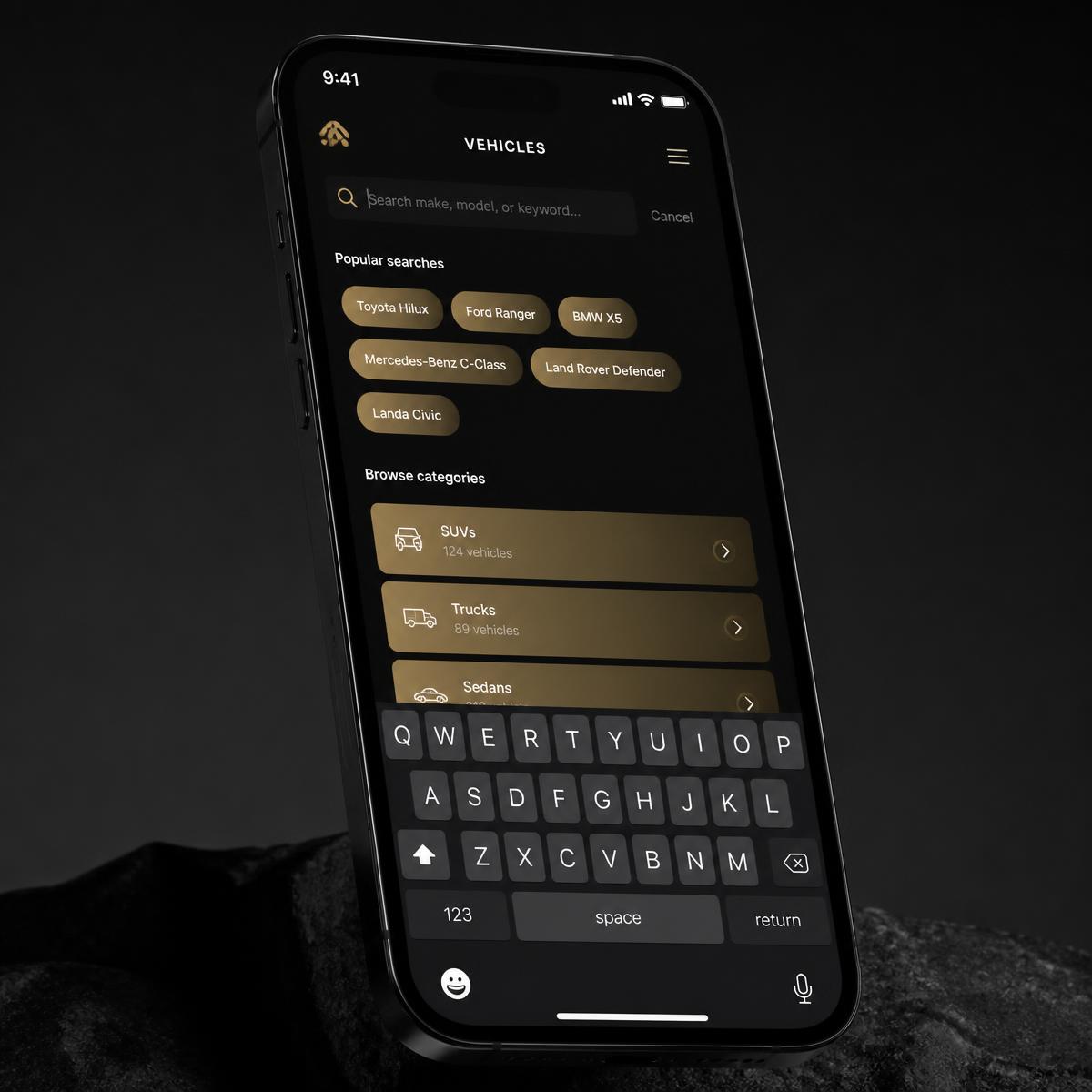 Vehicle marketplace search screen mockup