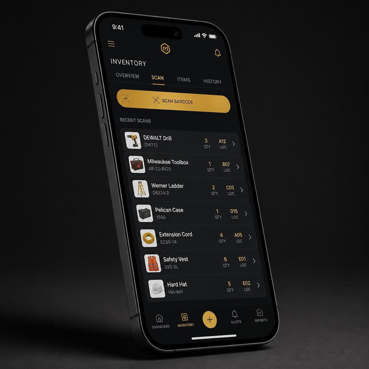 Inventory scanning app shown at an angle