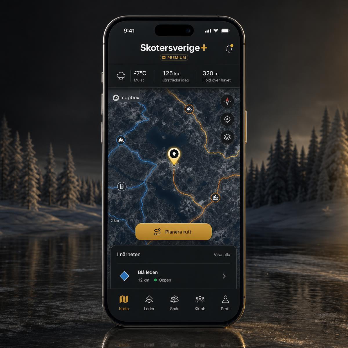 Skotersverige+ snowmobile trail map app on a phone